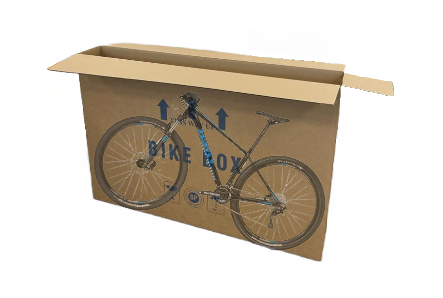 Image description: A large freestanding rectangular box with 'Bike box' printed on the front, and an image of a bike superimposed for scale.